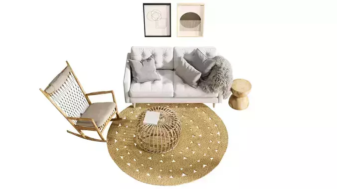 Boho Rattan Living Room 3D Set 3D model 7