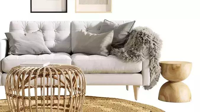 Boho Rattan Living Room 3D Set 3D model 4