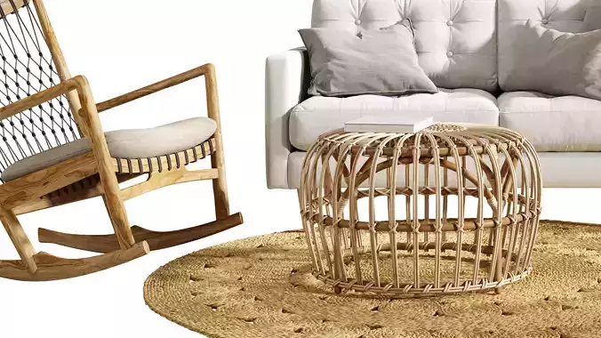 Boho Rattan Living Room 3D Set 3D model 3