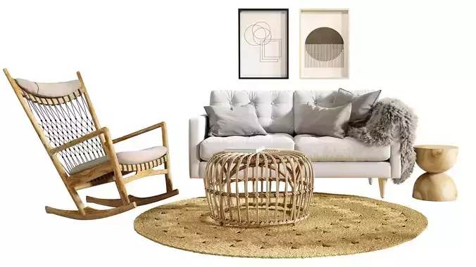 Boho Rattan Living Room 3D Set 3D model 2