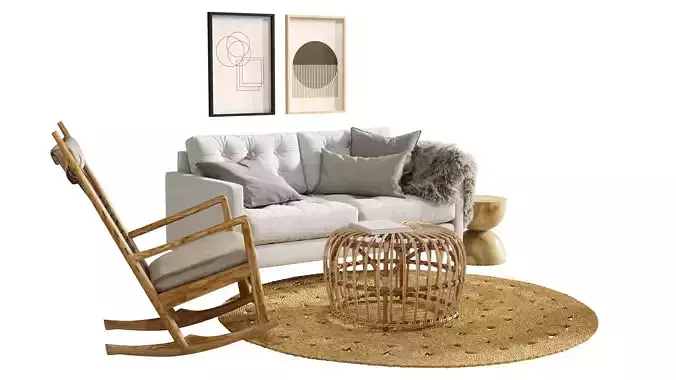 Boho Rattan Living Room 3D Set 3D model 5
