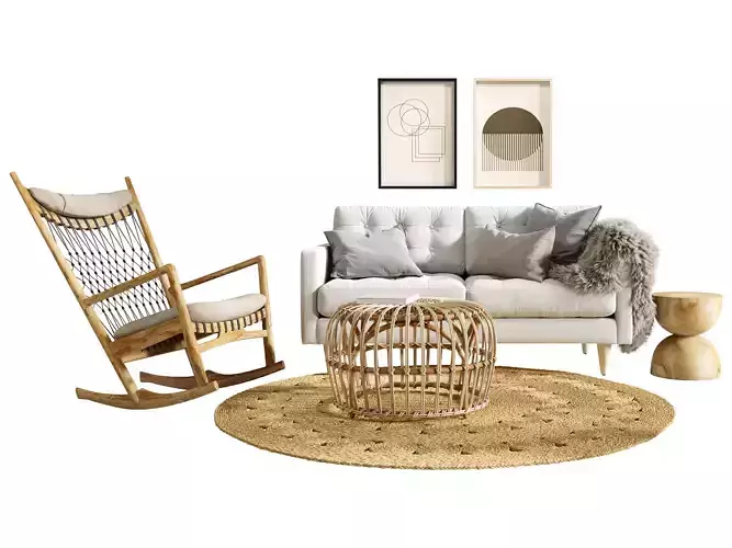 Boho Rattan Living Room 3D Set 3D model