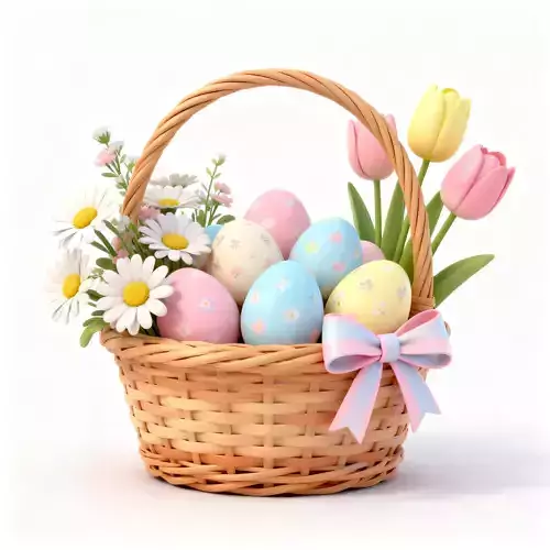3D WOODEN EASTER BASKET WITH  EGGS AND SPRING FLOWERS V01