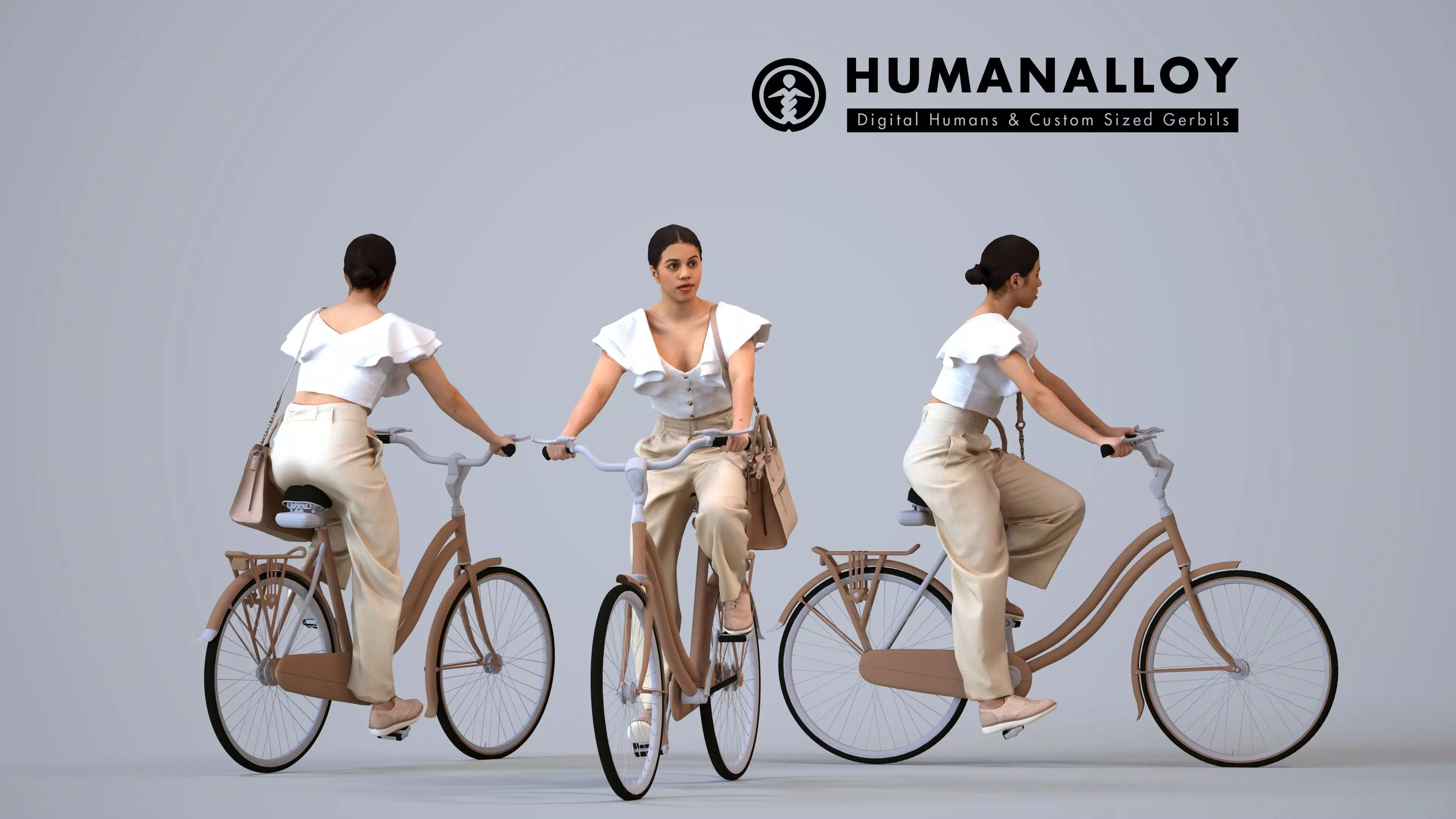 00236Nur0015 - Adult Latino woman cycling in public space with 3D model