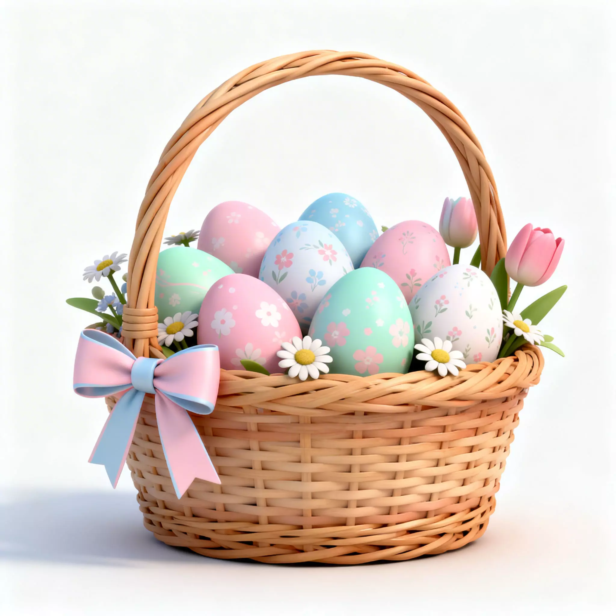 3D WOVEN EASTER BASKET WITH EGGS AND SPRING FLOWERS V02 Low-poly 3D model