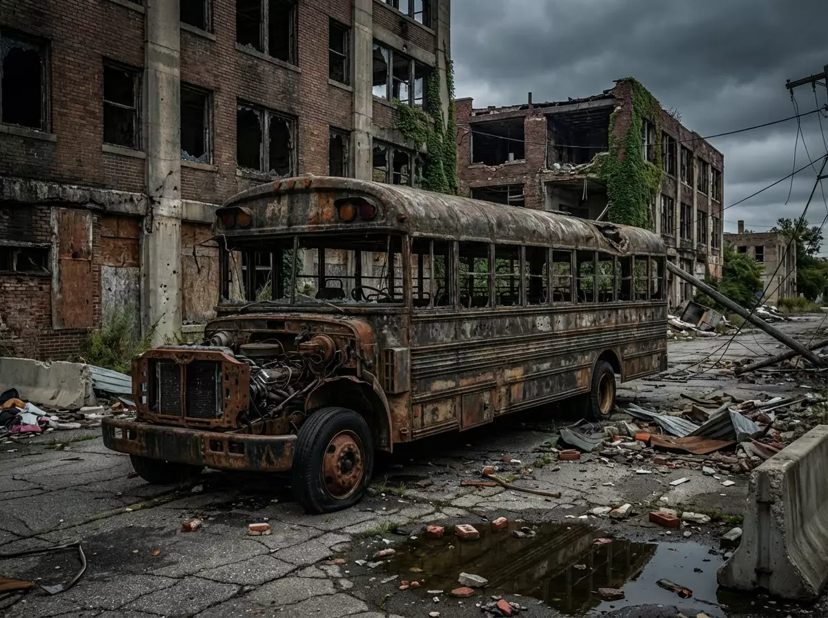 Burned School Bus Post-Apocalyptic Abandoned Vehicle PBR Low-poly 3D model