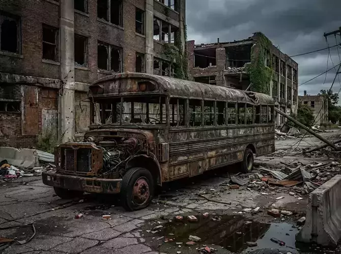 Burned School Bus Post-Apocalyptic Abandoned Vehicle PBR