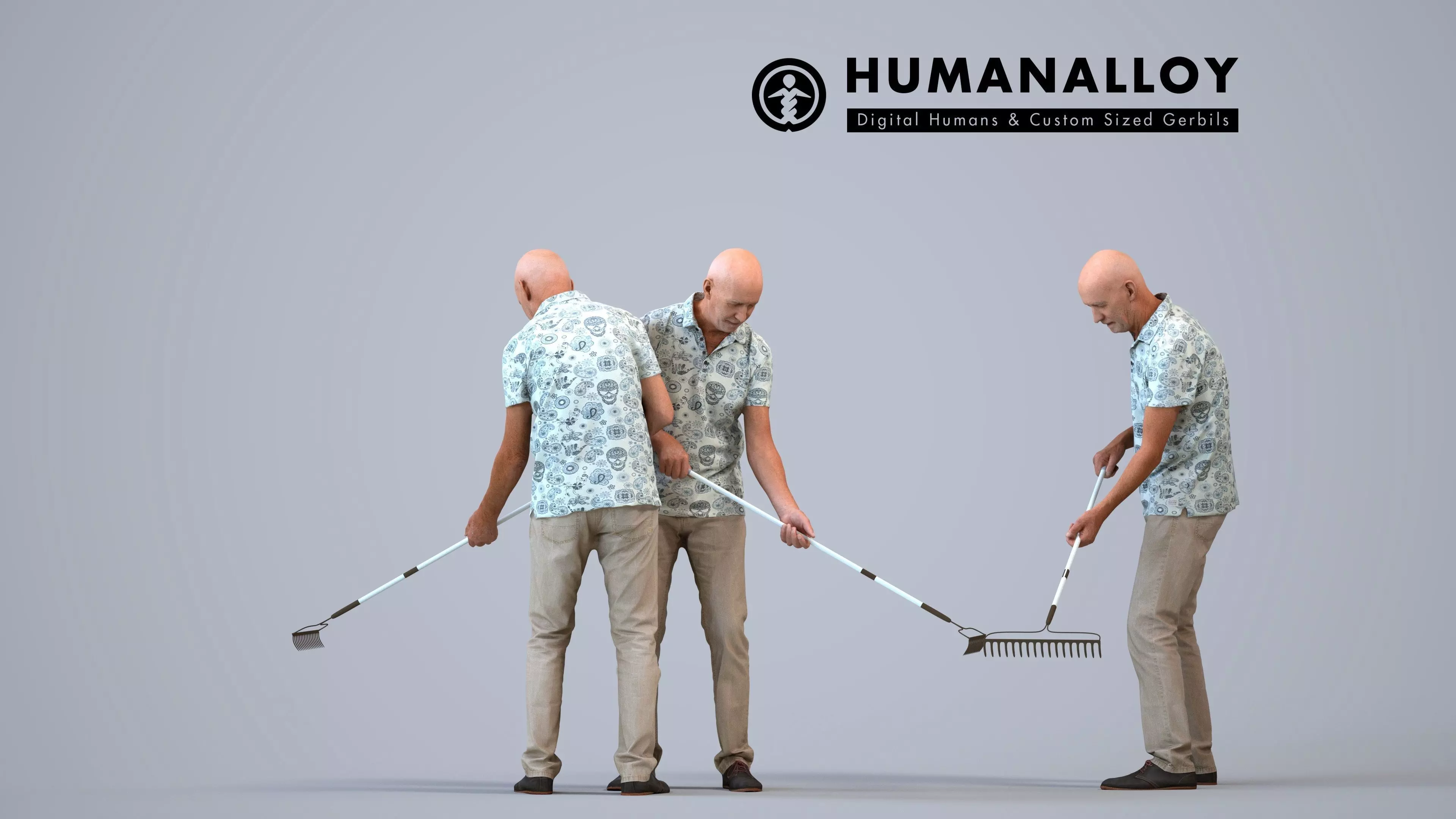 00389James008 - Senior Caucasian man gardening with rake in 3D model