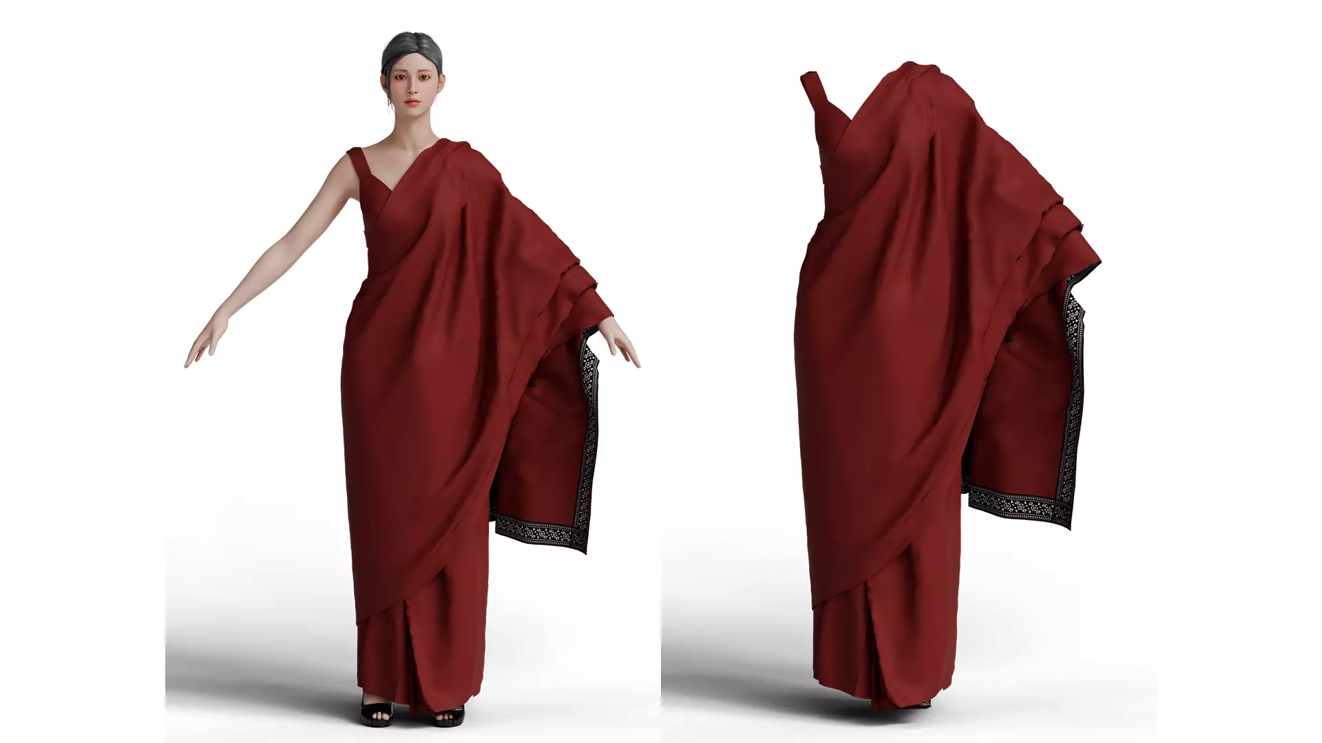 Elegant One-Shoulder Draped Indian Saree 3D model