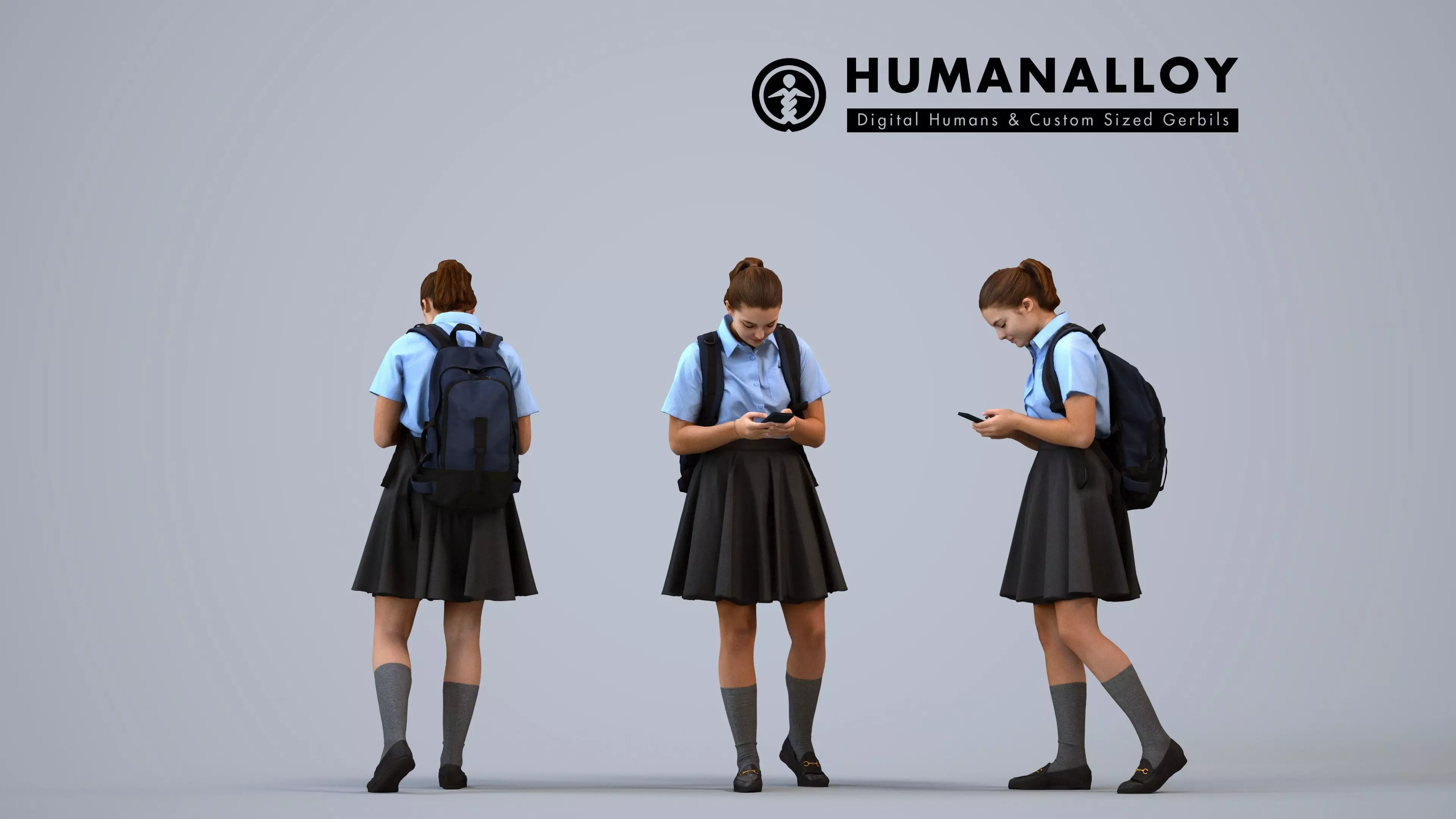 00581Bella004 - Teen Caucasian girl walking through school with 3D model