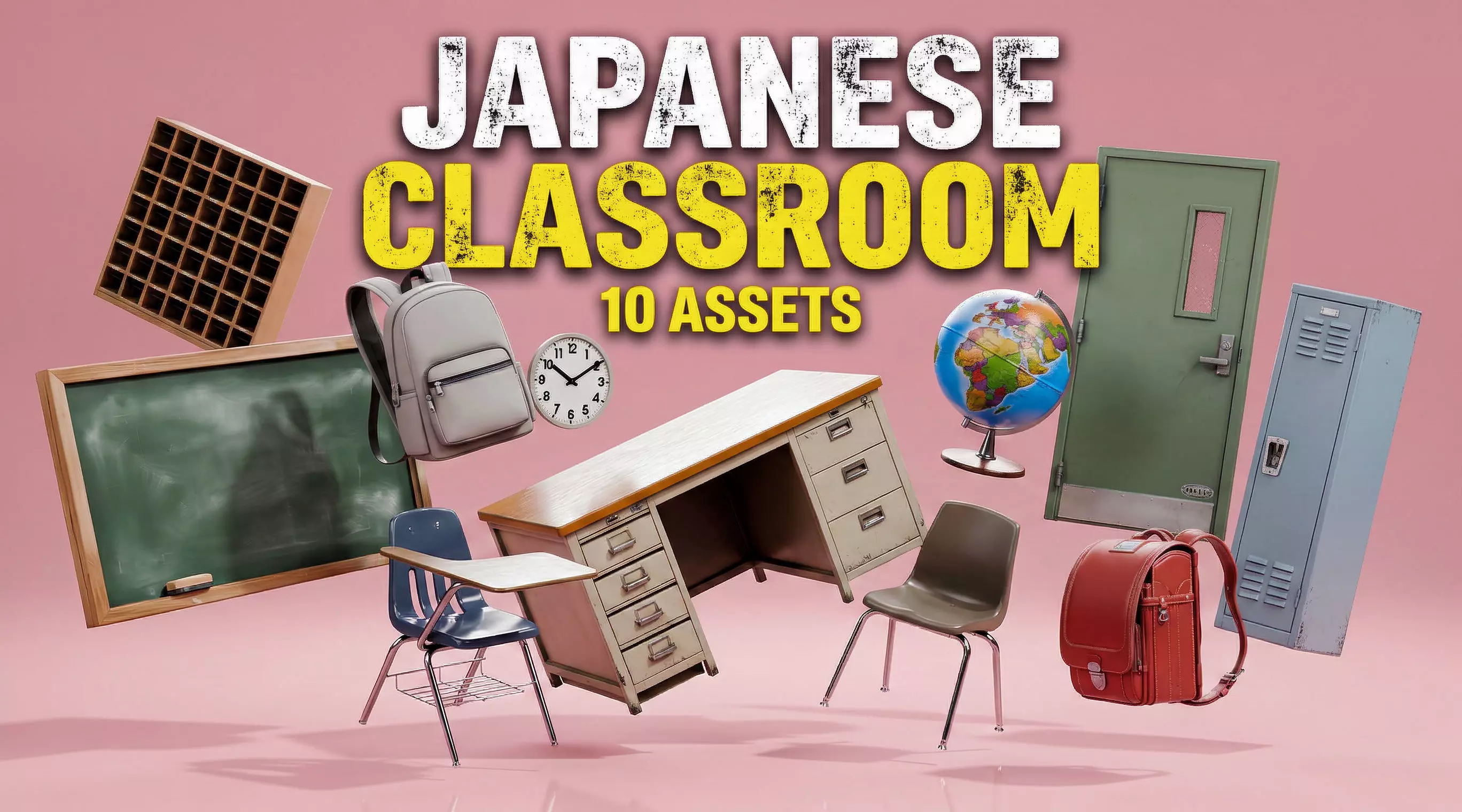 Modular Japanese High School Classroom Environment Low-poly 3D model