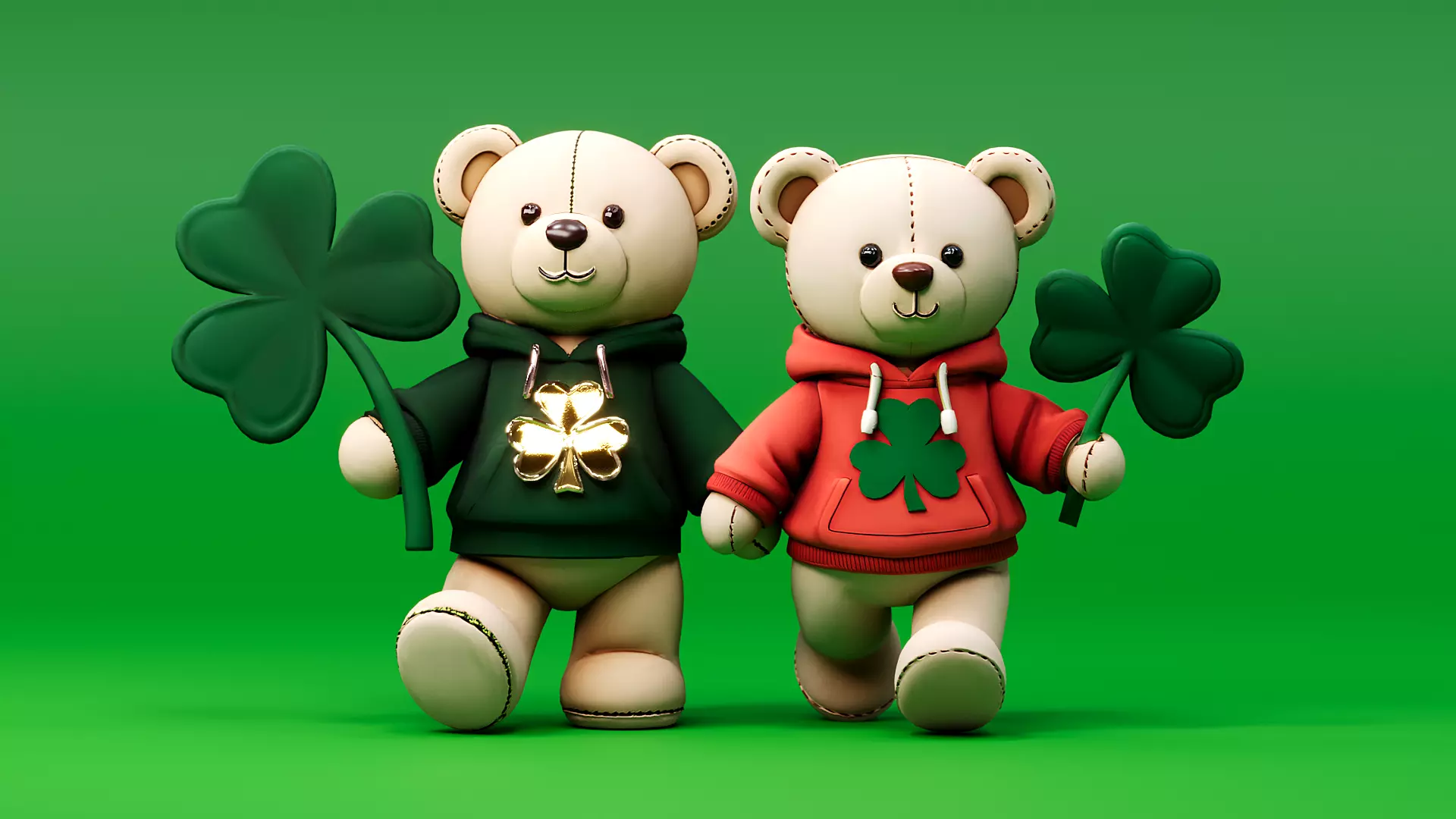 St Patrick themed bear couple doll wearing casual hoodie 3D model