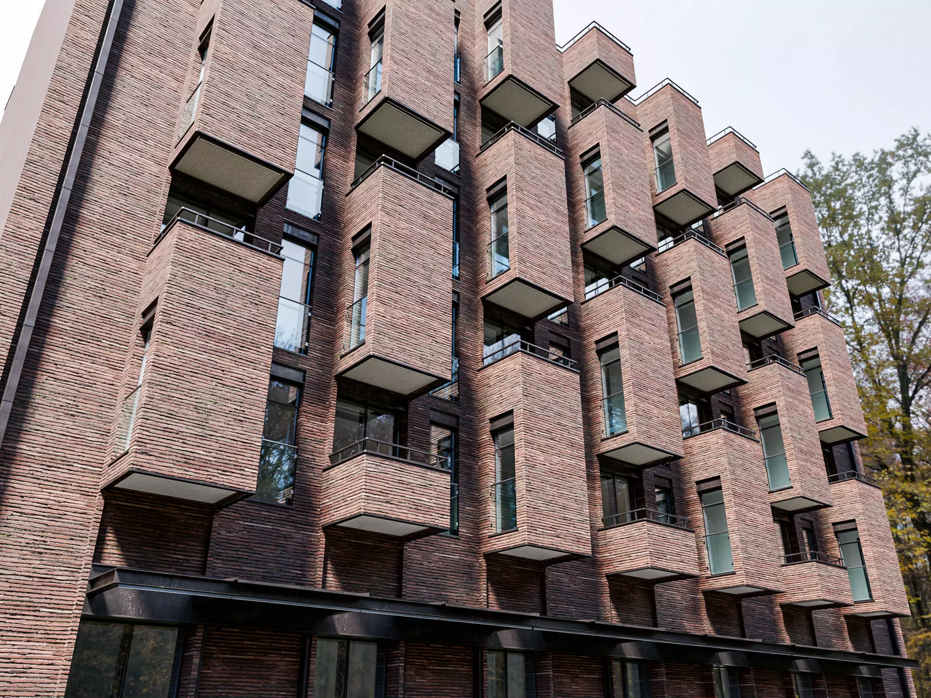 Modern Brick Apartment Building with Commercial Ground Floor Low-poly 3D model