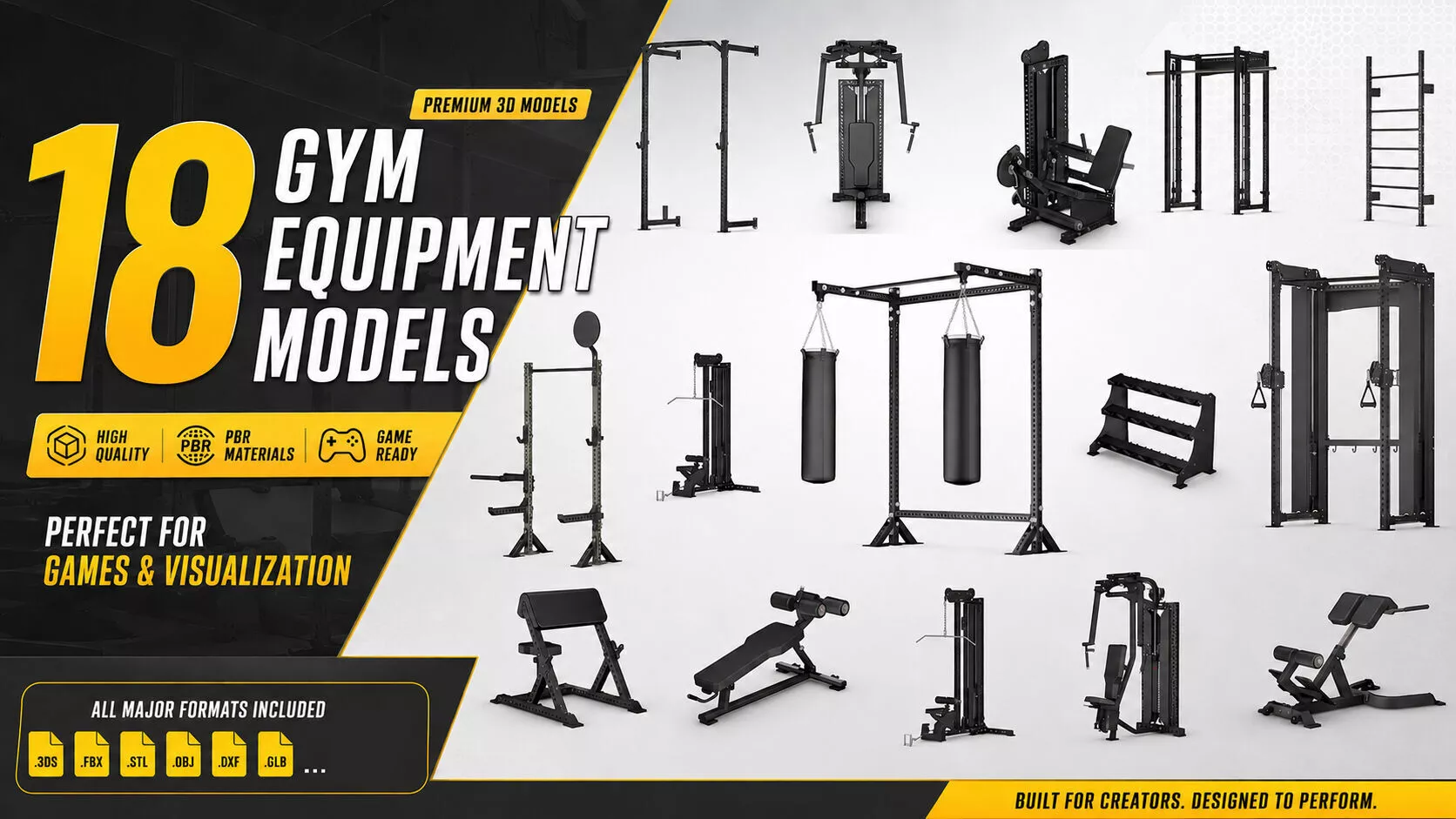 Gym Equipment pack of 18 Low-poly 3D model