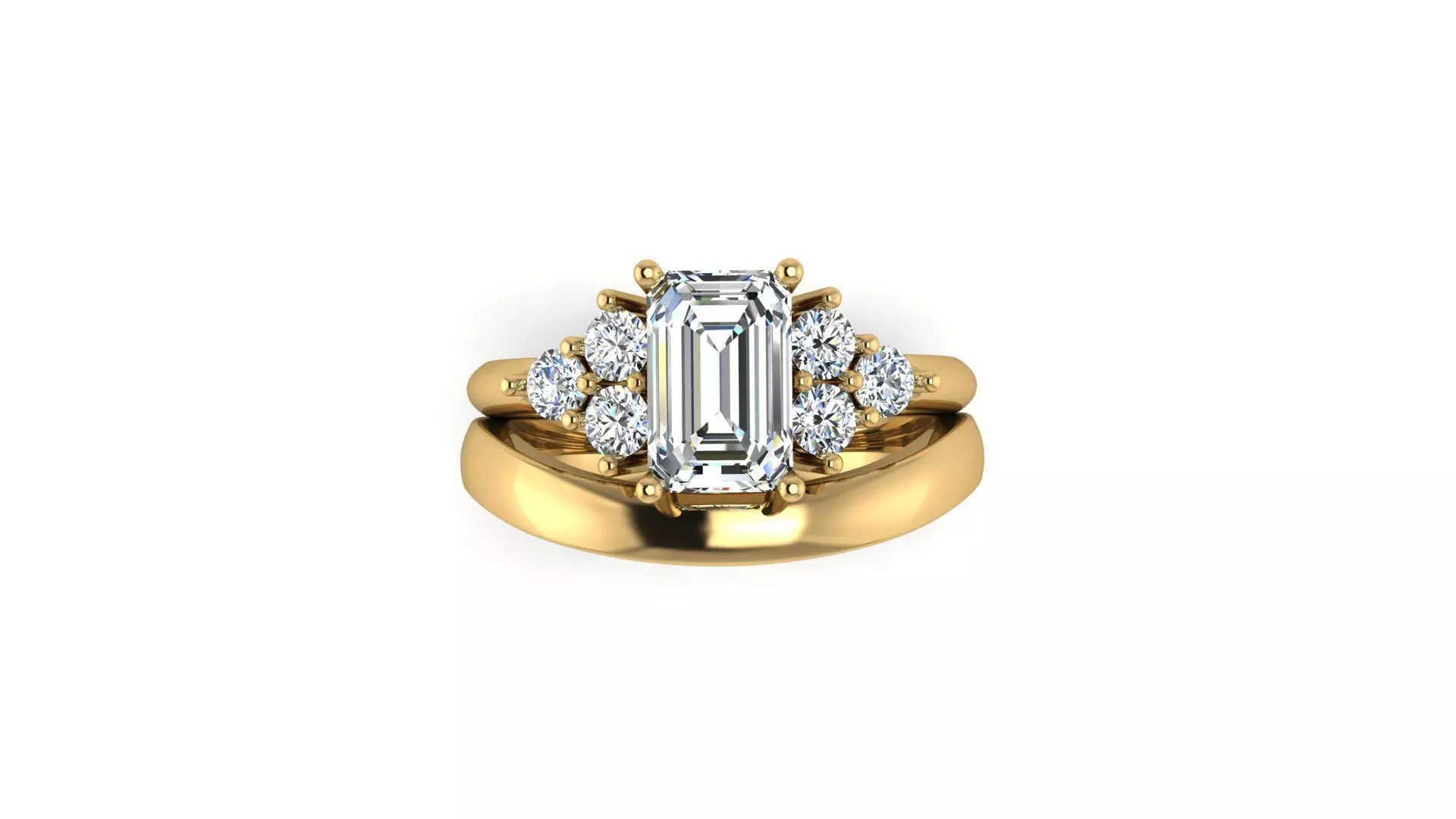 Double Emerald Cut Ring with diamond trio 3D print model