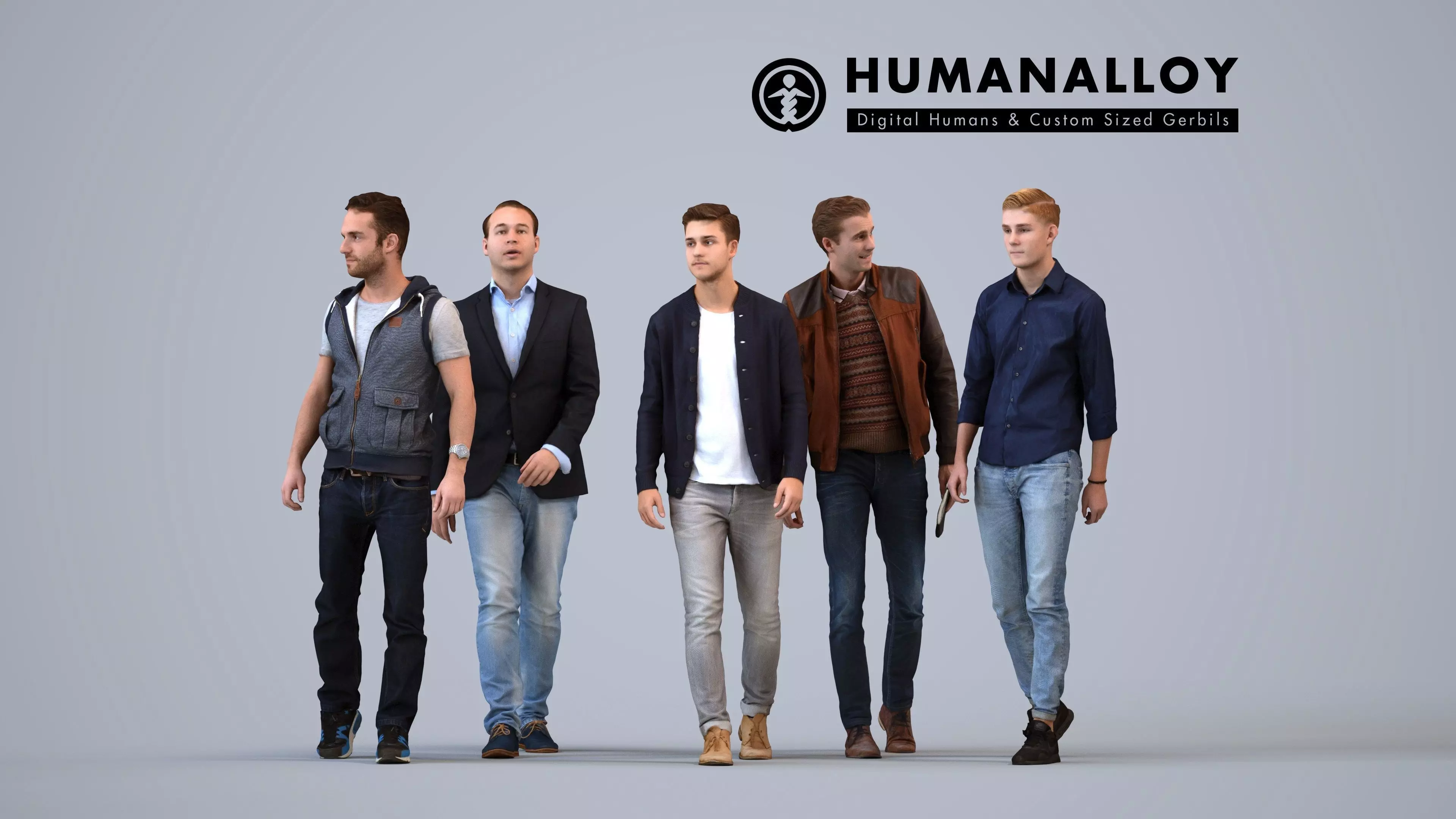 Basics0003 - A set containing 5 models of male adults walking 3D model