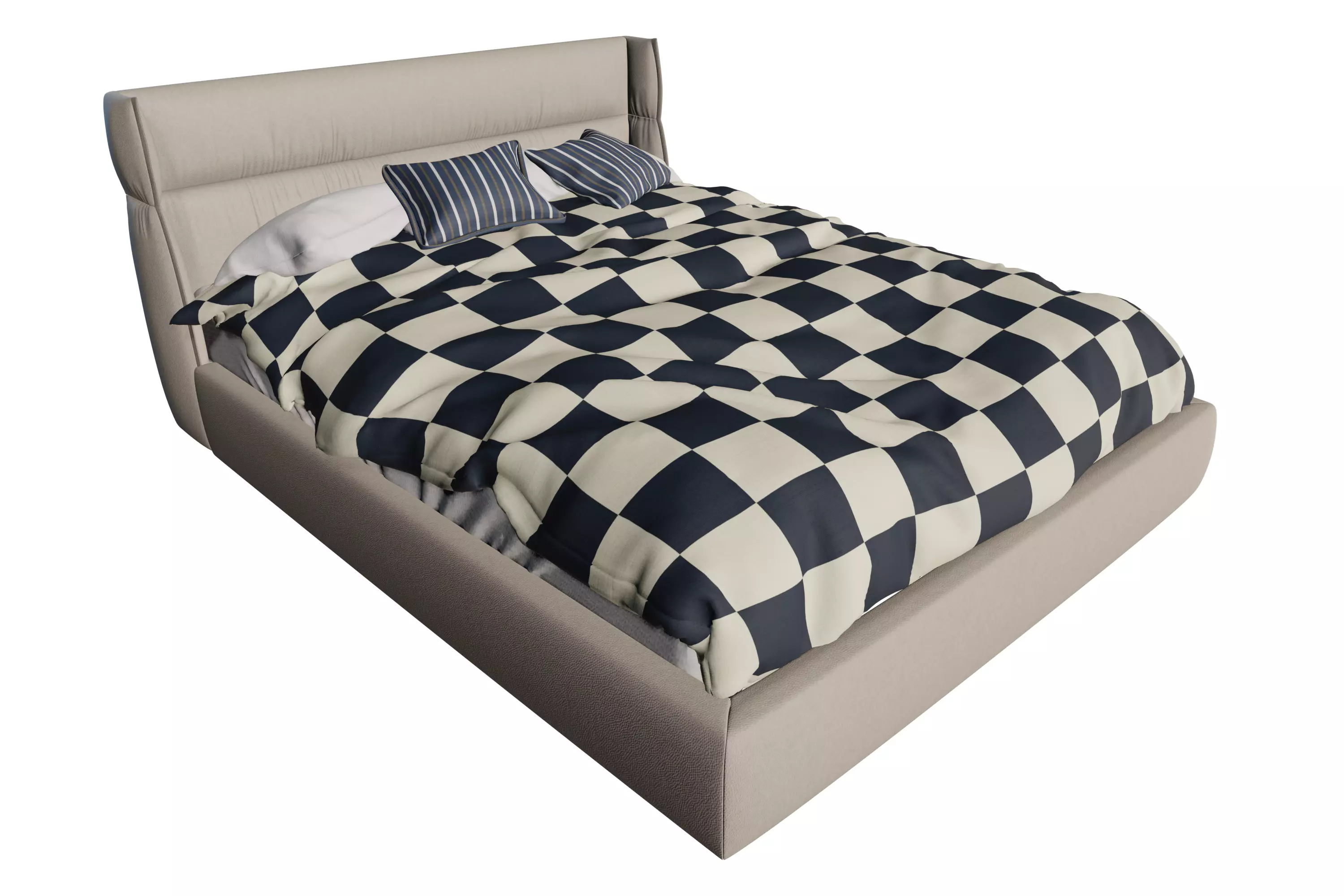 Modern Upholstered Bed with Checkered Bedding 3D model