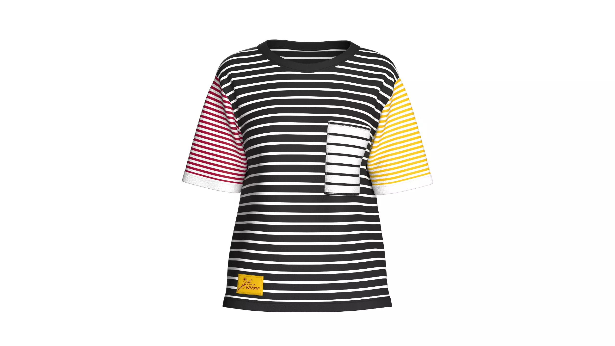 Girls Color Block Striped T-shirt With Chest Pocket 3D model
