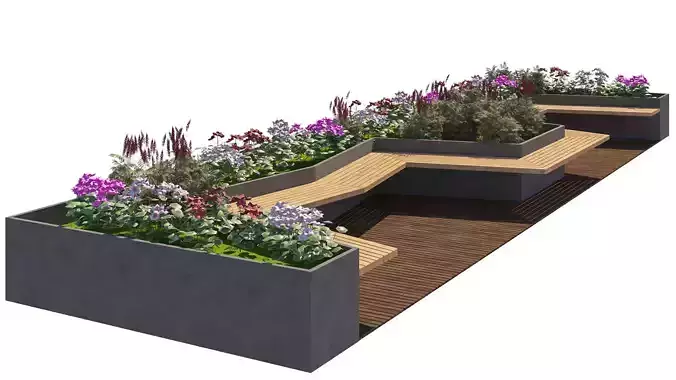 Zigzag Landscape Seating with Wooden Deck and Greenery