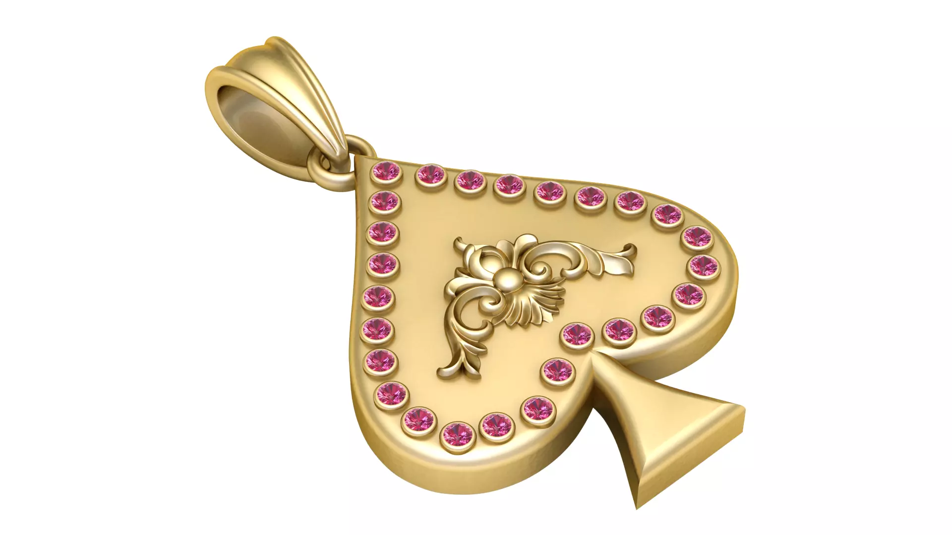 Gold Spade Ace Pendant Ruby Halo Royale Charm with Filigree 3D print model