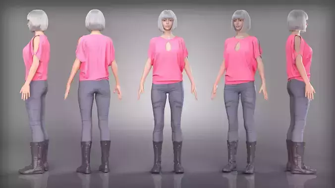 Pink Top and Gray Jeans Outfit with Moto Leather Boots