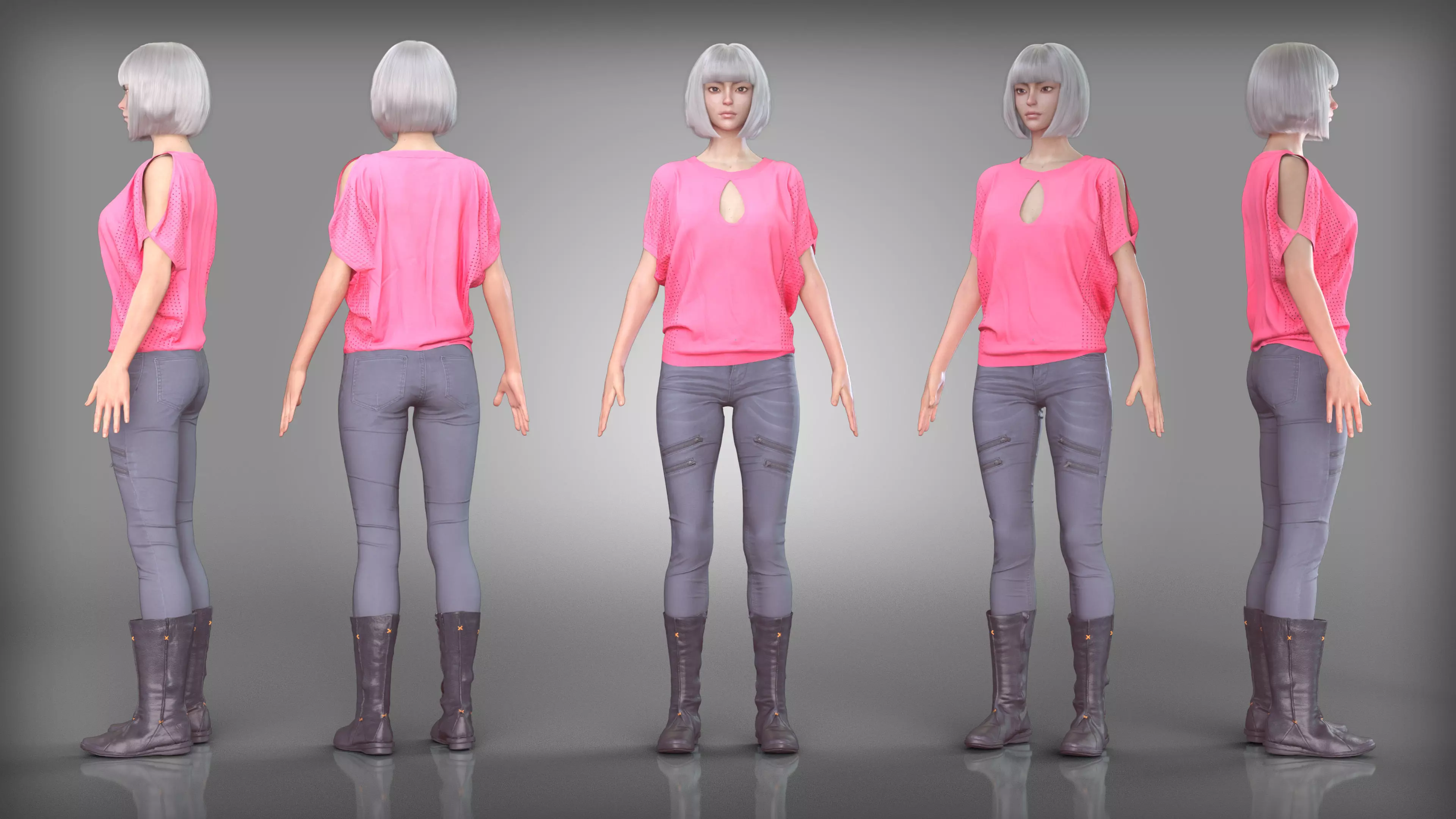 Pink Top and Gray Jeans Outfit with Moto Leather Boots Low-poly 3D model