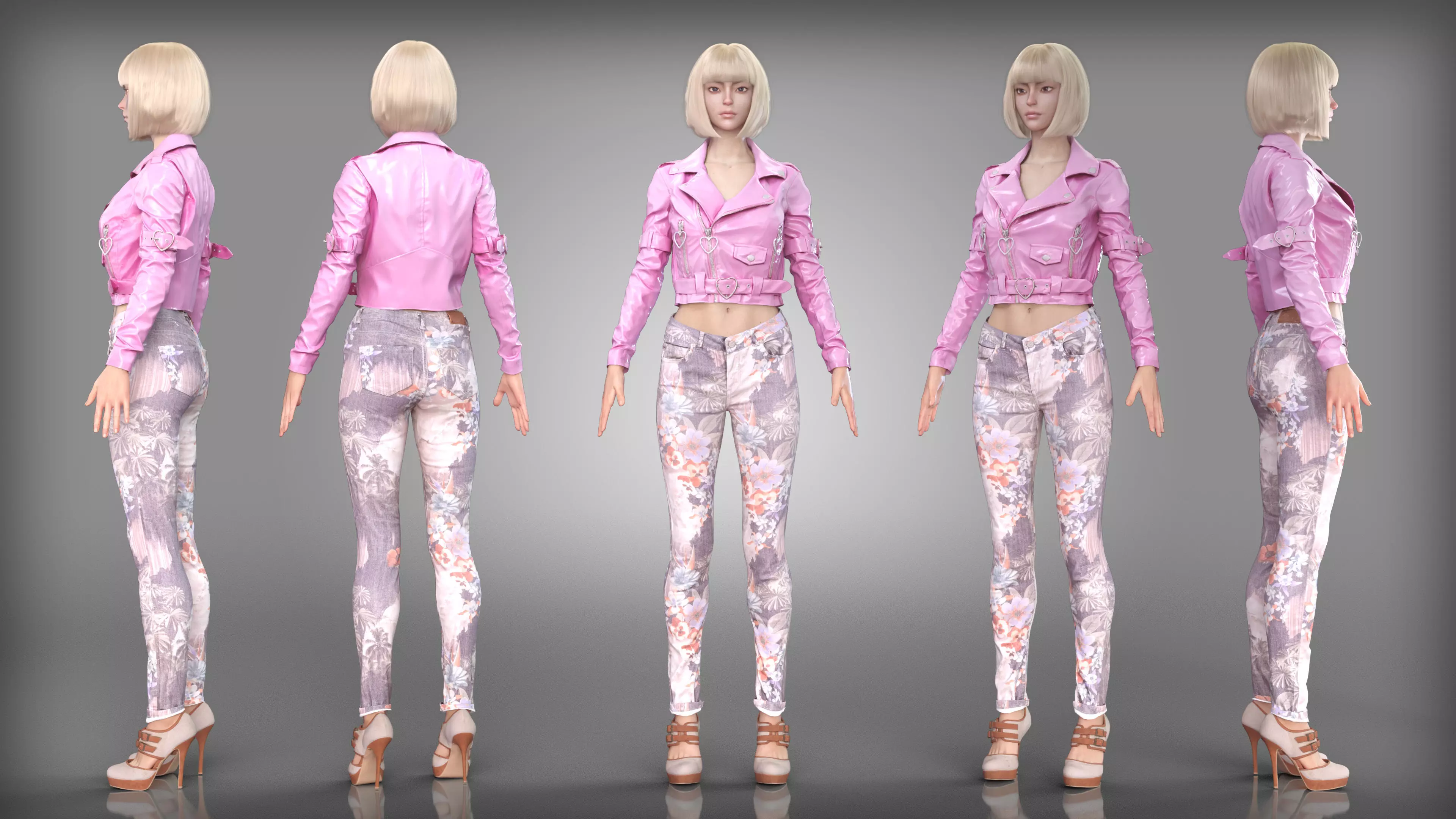 Pink Leather Jacket and Floral Jeans Outfit with Heels Low-poly 3D model