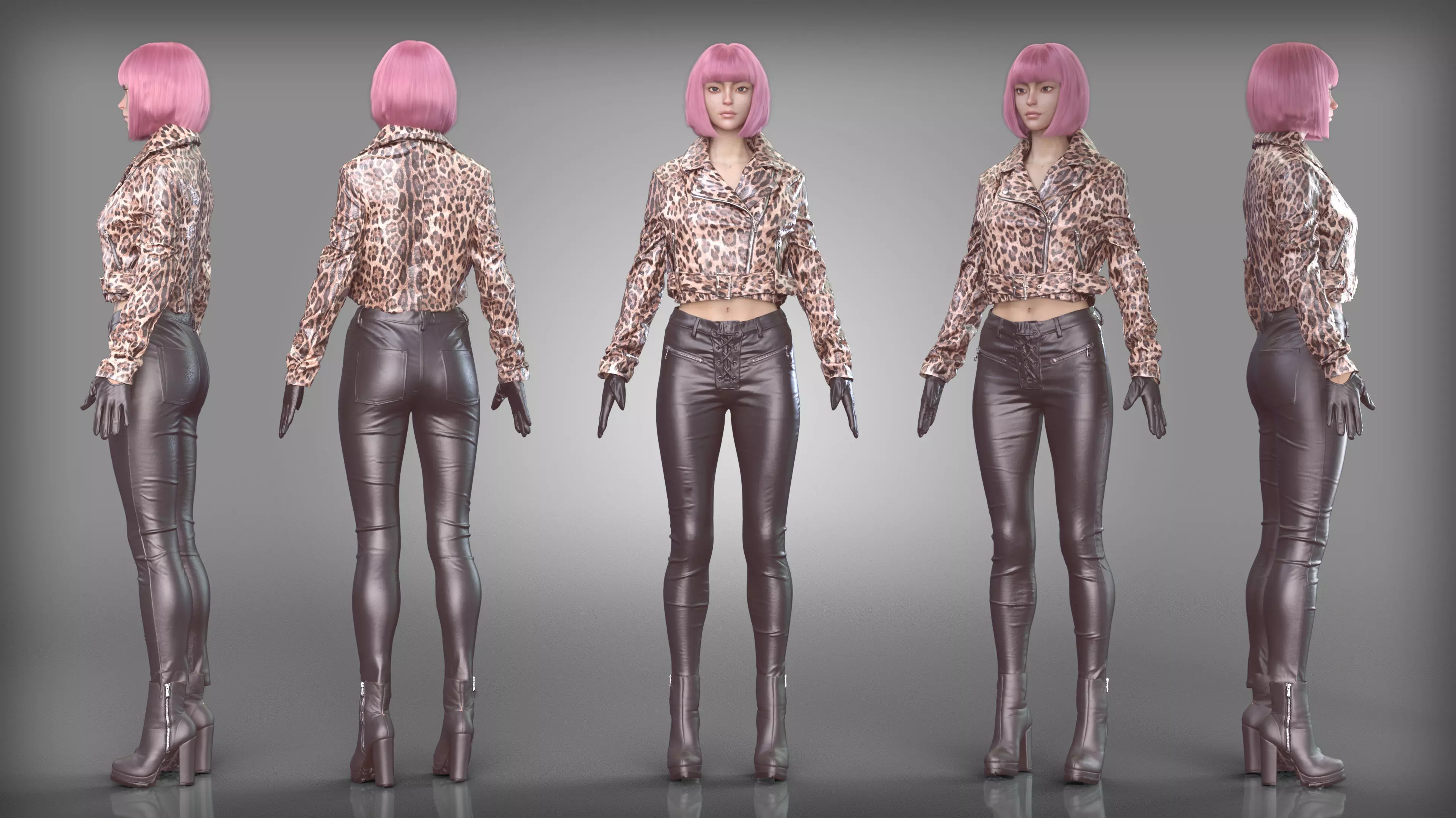 Leopard Print Jacket and Leather Pants and Boots Outfit Low-poly 3D model