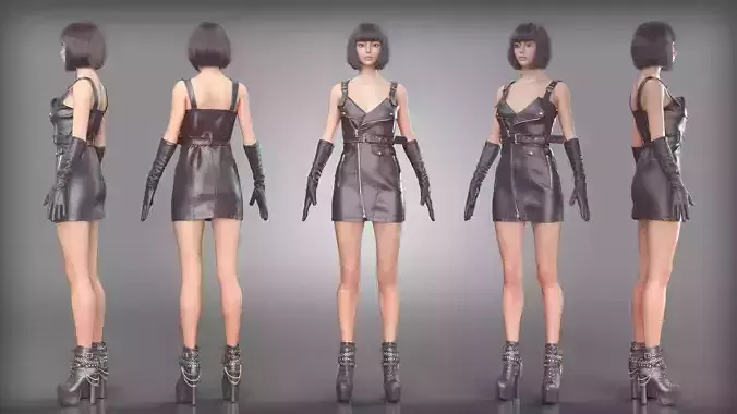 Leather Dress with Gloves and Studded Boots