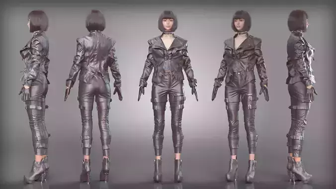 Full Leather Outfit with High Heels Collar and Gloves