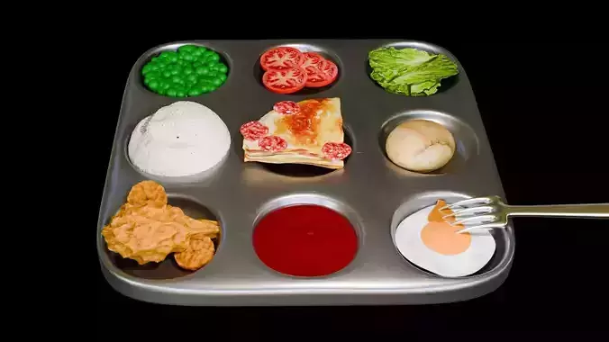 Lunch Pepperoni Pizza and vegetables food tray Low-poly 3D model 5