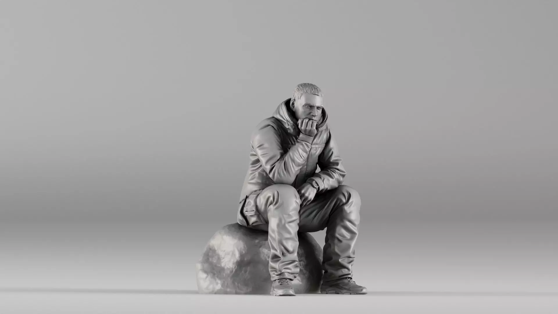 001746 Seated Man in Hooded Jacket on Rock 3D Print 3D print model