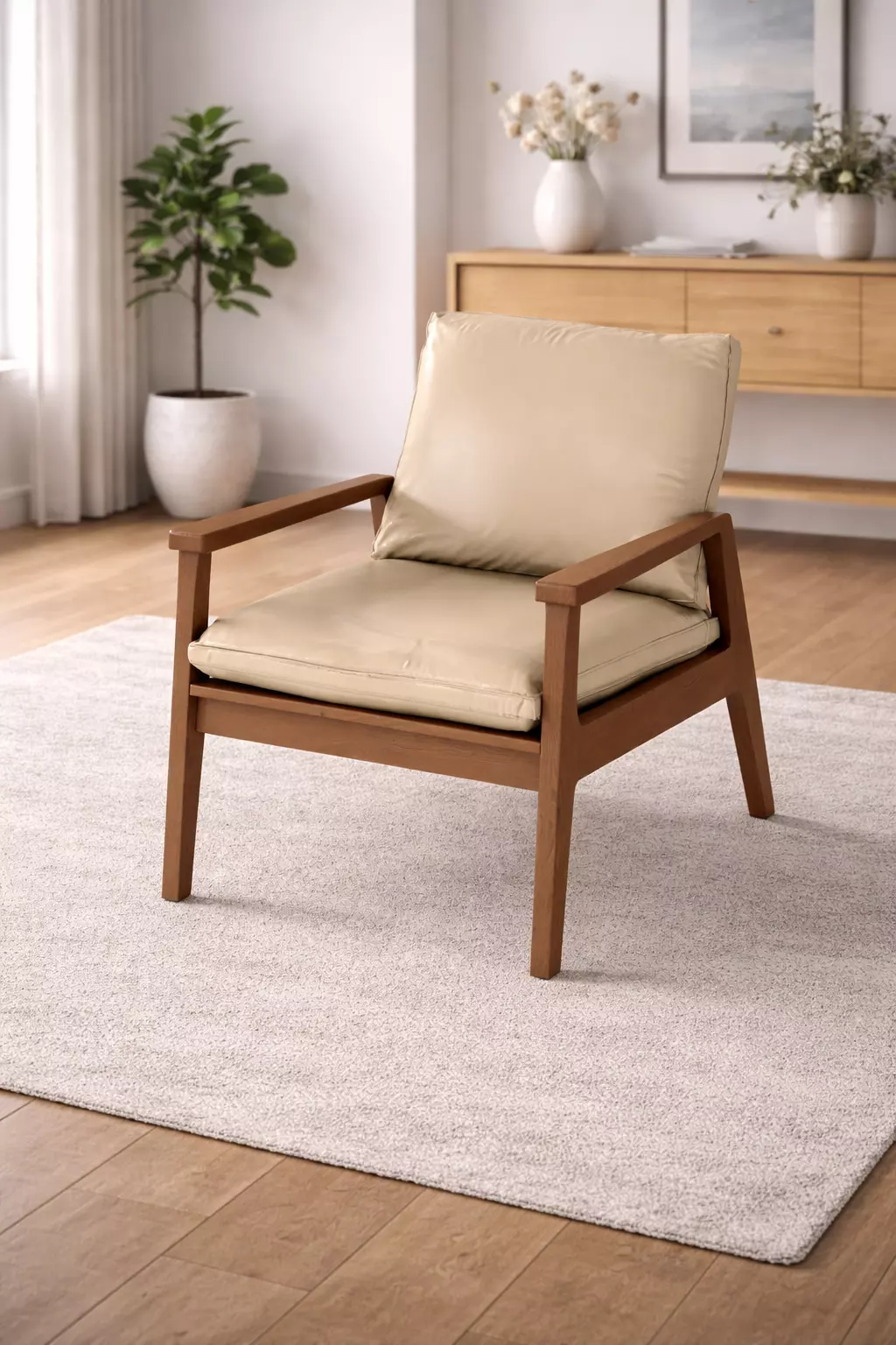 Mid-Century Modern Wood Armchair Cream Leather - MorisonDesign Free 3D model