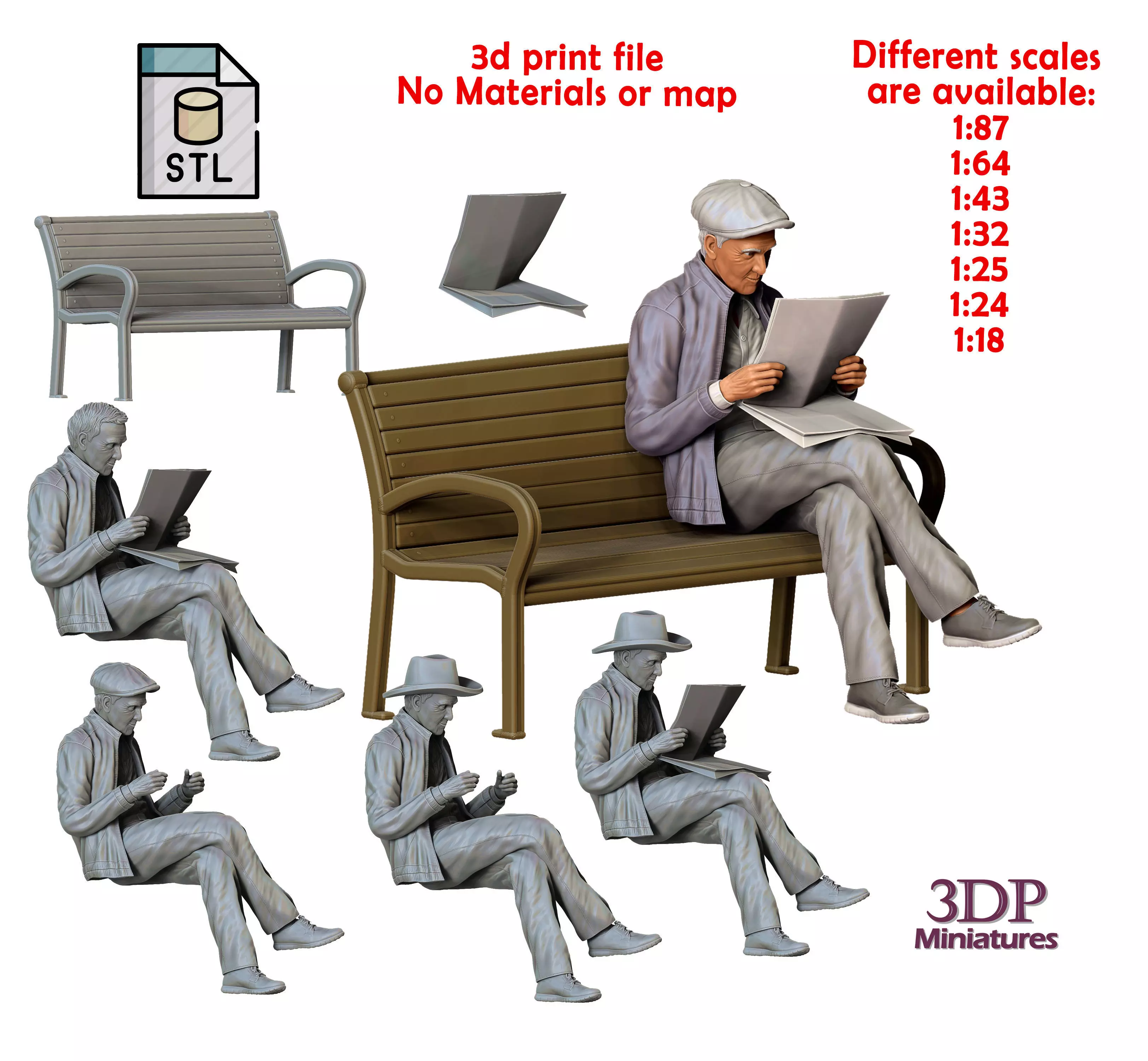 Old man on the bench reading news paper 3D print model