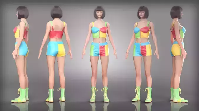 Vibrant Retro Outfit with Colorful Top Shorts and Sport Boots