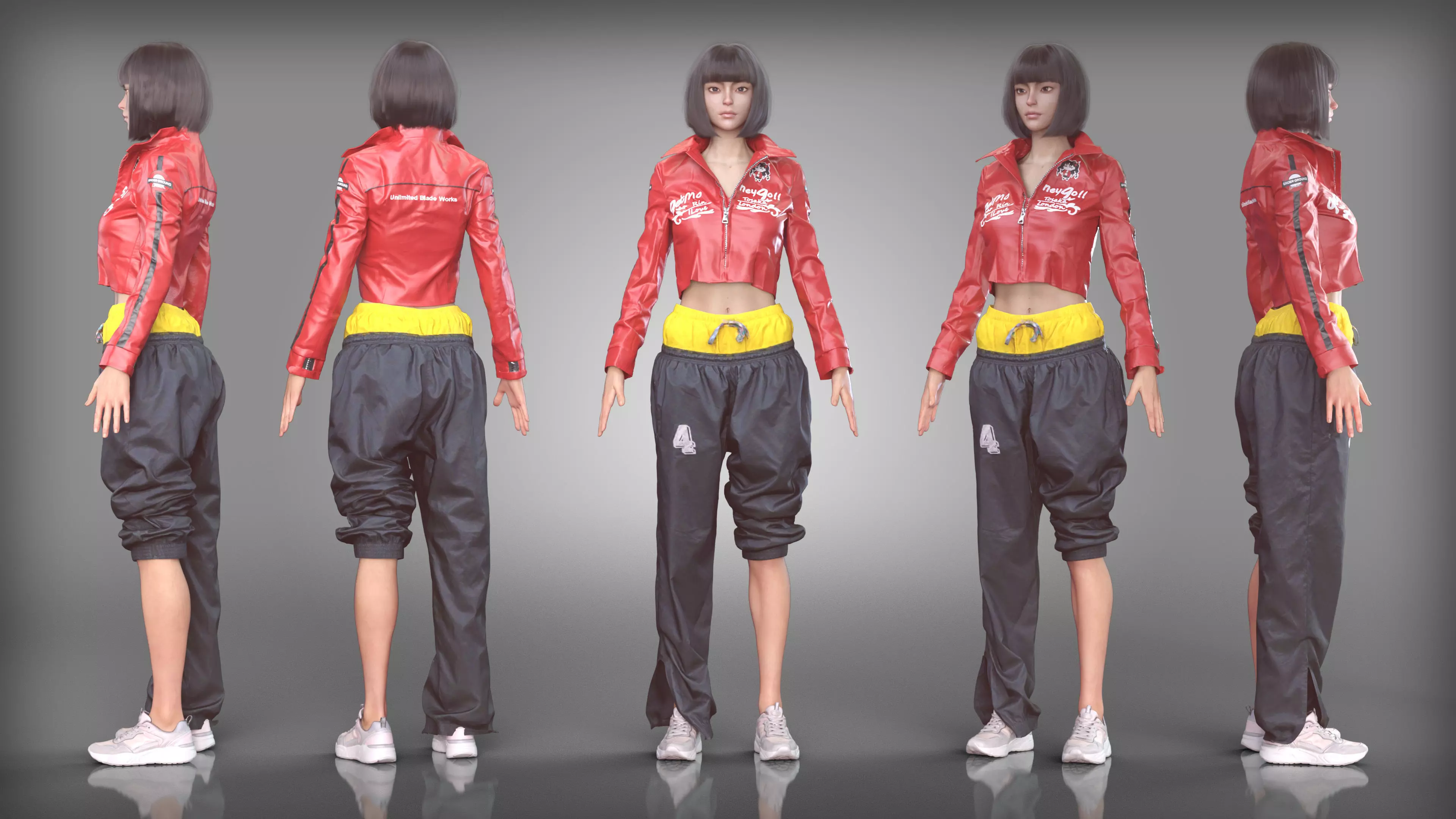 Red Leather Jacket and Track Pants Outfit with Sport Shoes Low-poly 3D model