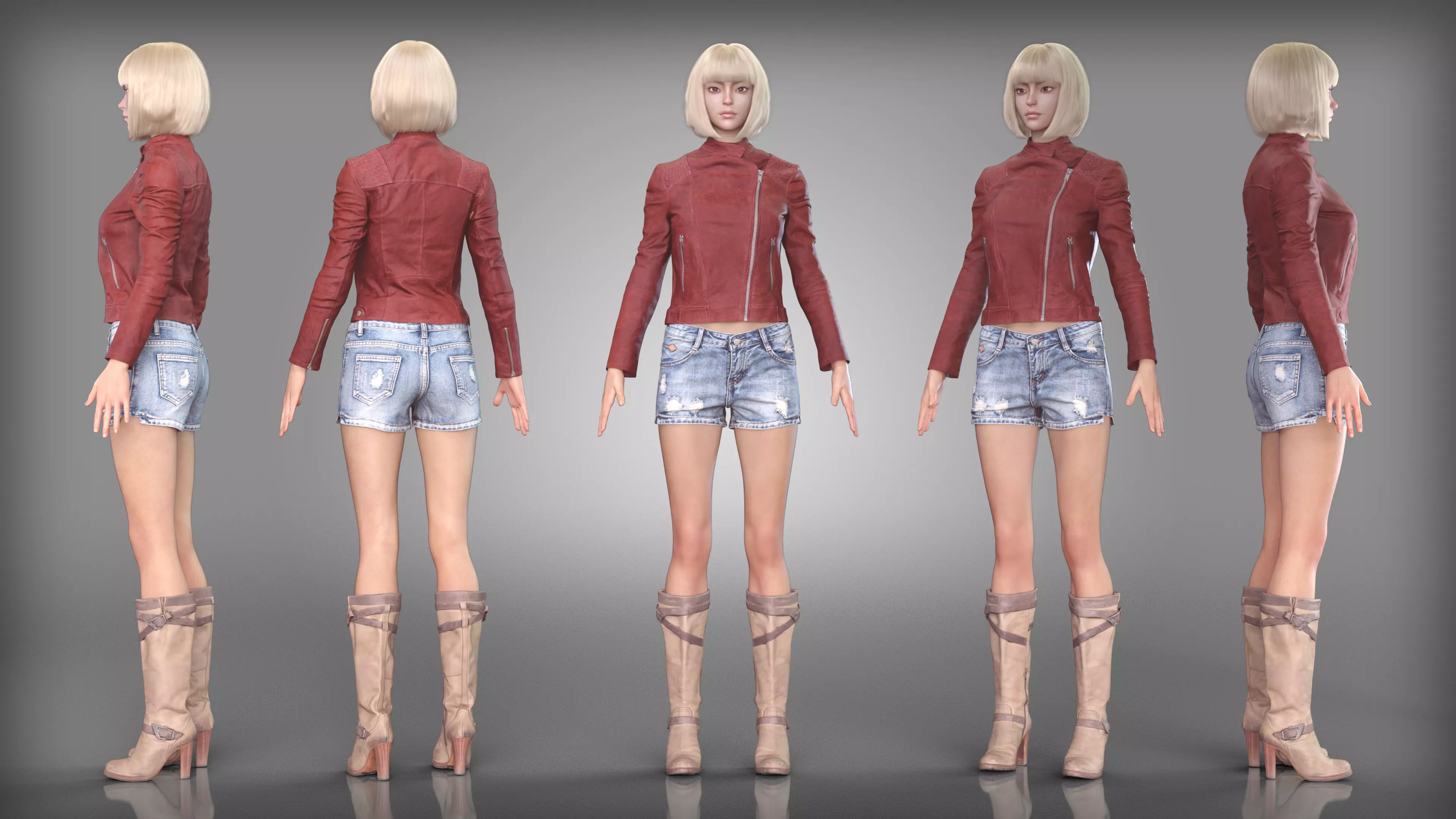 Red Leather Jacket and Denim Shorts Outfit Leather Brown Boots Low-poly 3D model
