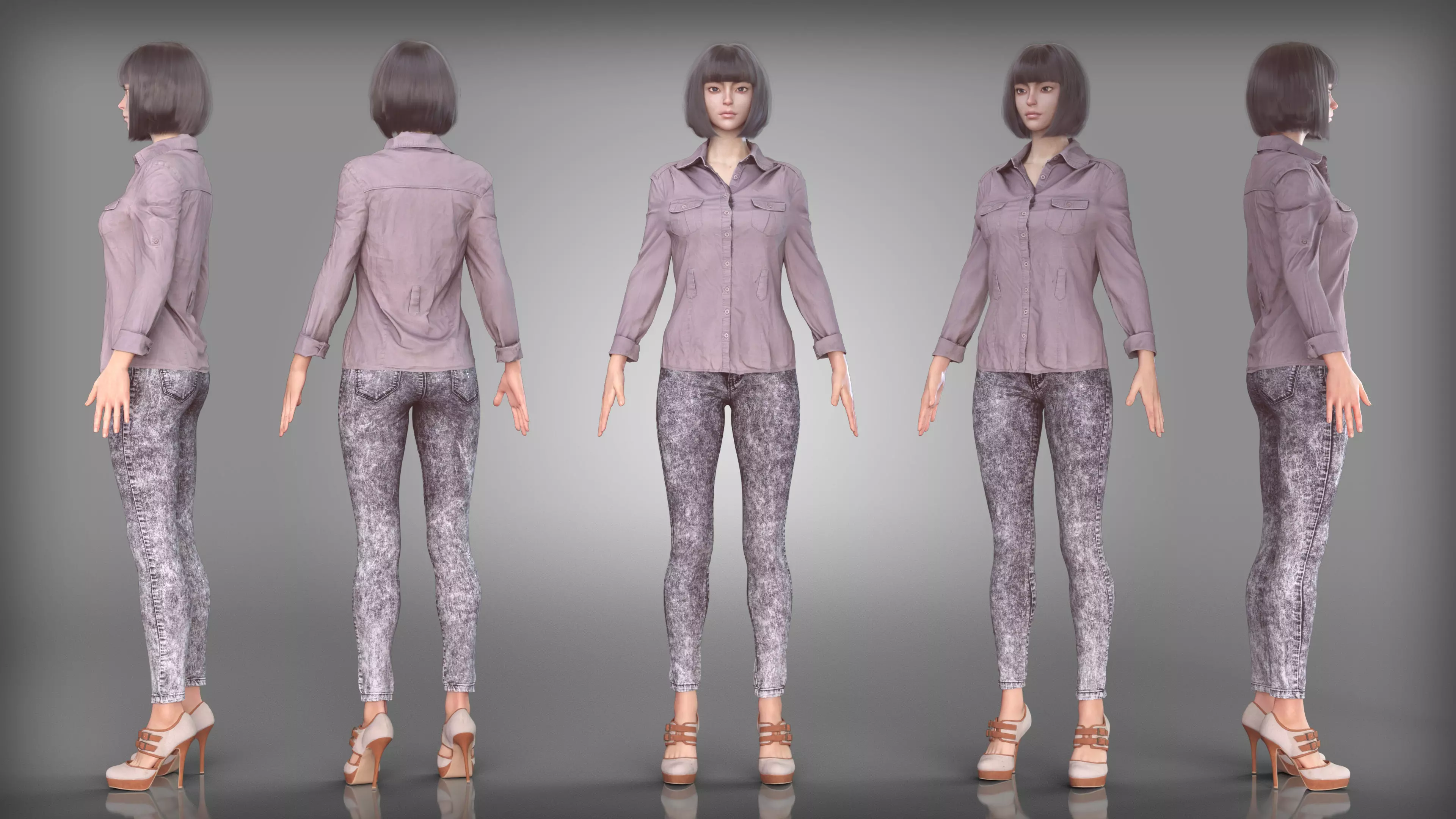 Purple Button Up Shirt and Distressed Jeans Outfit with Heels Low-poly 3D model