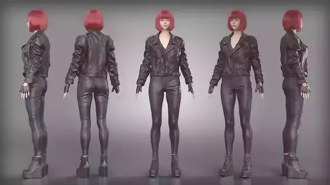 Leather Biker Jacket Shiny Leggings and Studded Boots