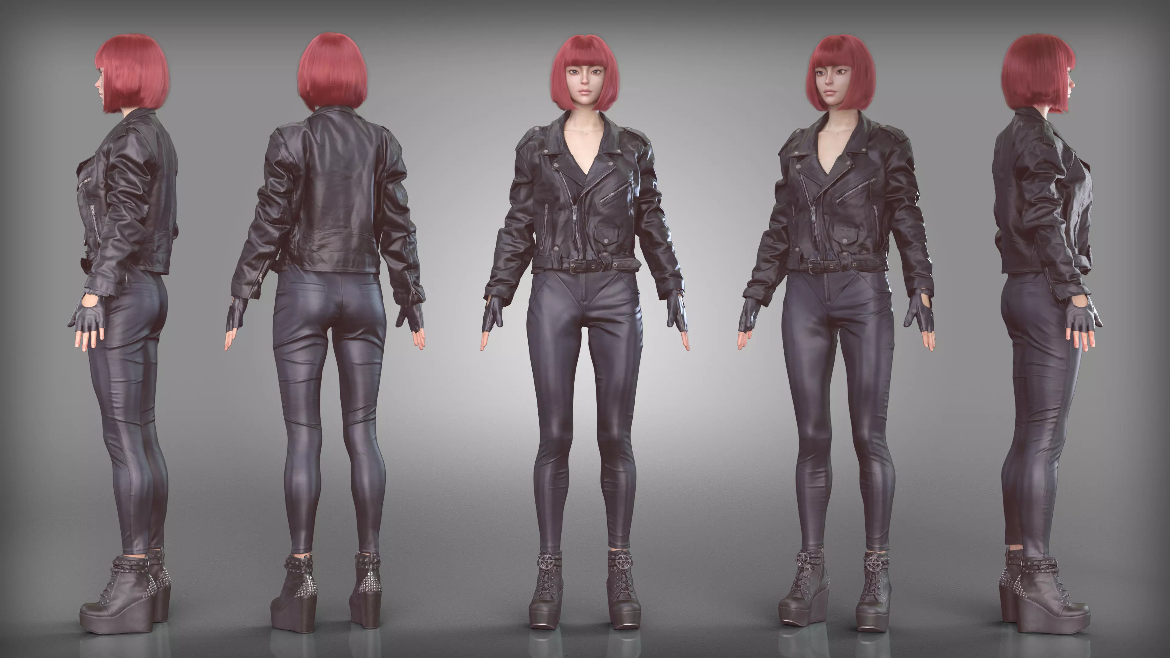 Leather Biker Jacket Shiny Leggings and Studded Boots Low-poly 3D model