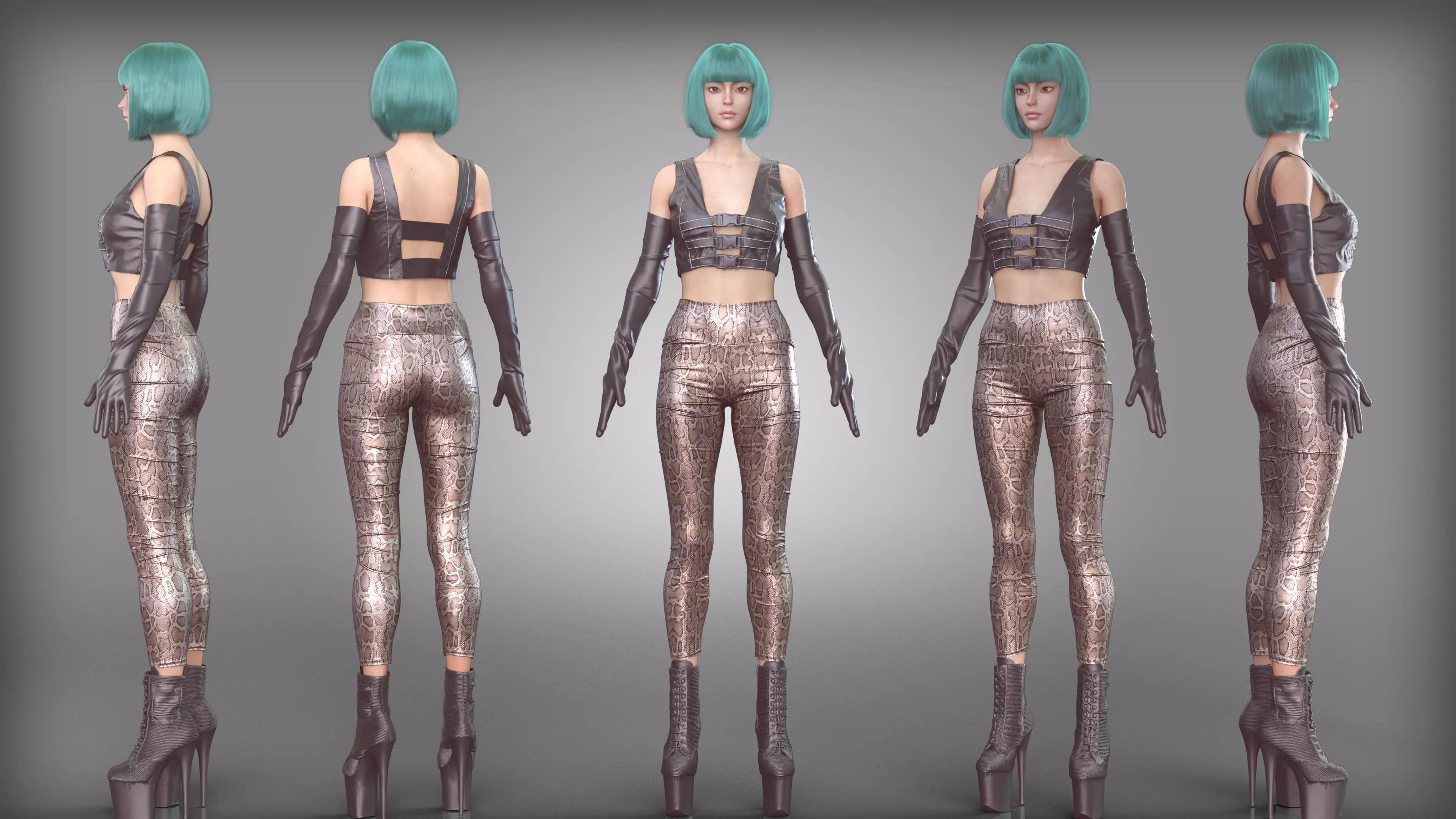 Chrome Snake Print Outfit with Leather Top and Latex Gloves Low-poly 3D model