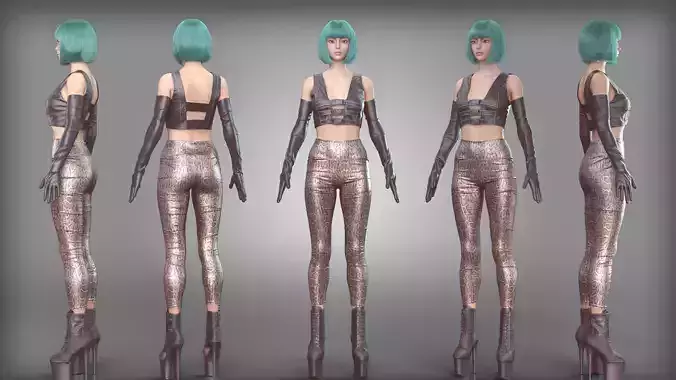 Chrome Snake Print Outfit with Leather Top and Latex Gloves