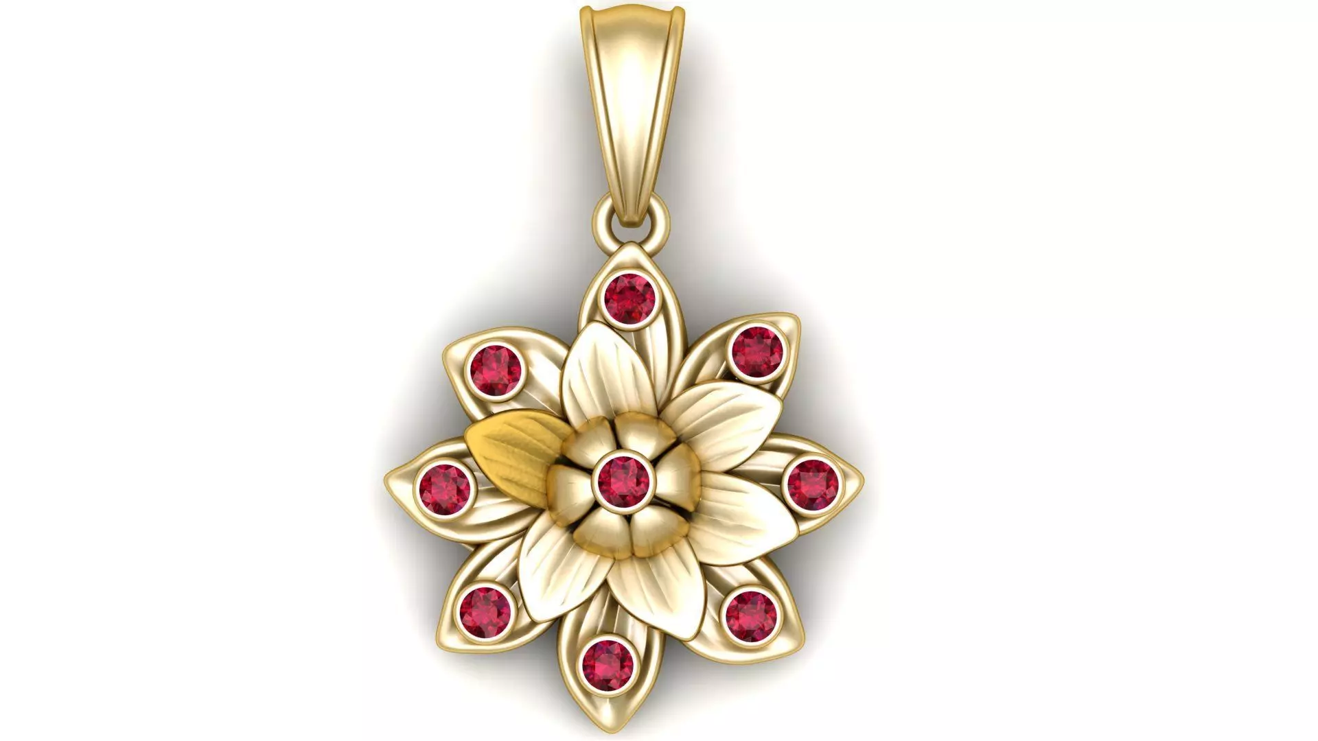 The Gilded Dahlia Ruby Accented Gold Flower Pendant 3D print model