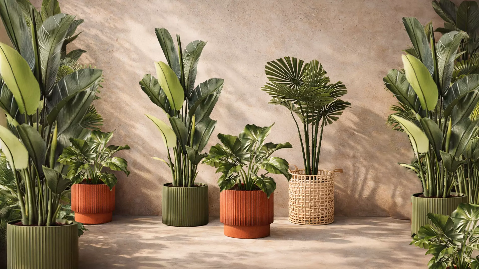Set Banana palm Strelitzia Ravenala Licuala basket decor pot 3D model