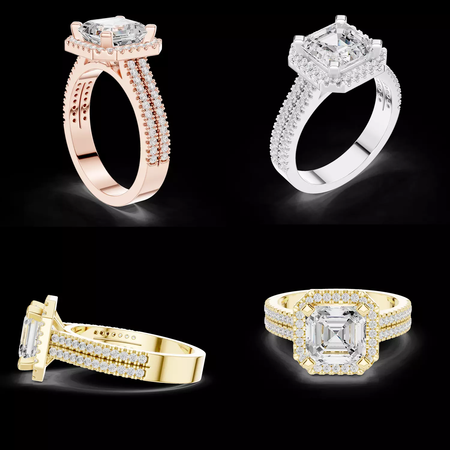 Asscher Cut Double Halo Diamond Engagement Ring Jewelry Model 3D print model