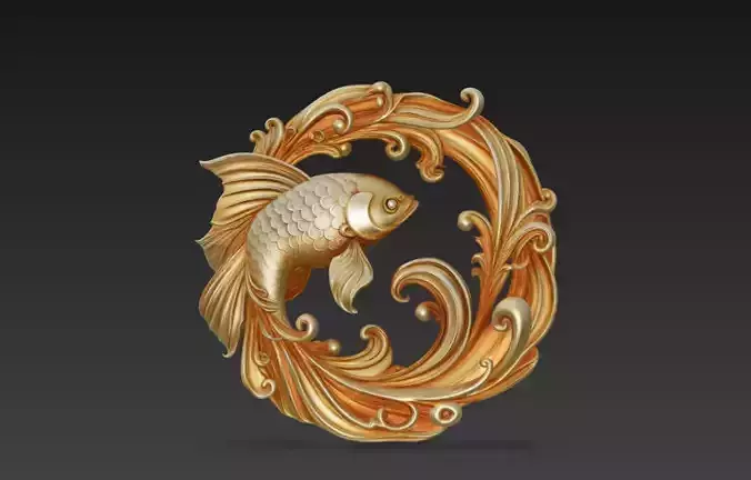 Ornamental Koi Fish Circular Decorative Sculpture 3D Model