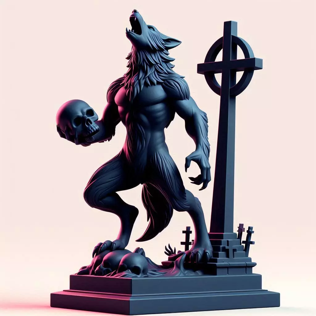 3732 Werewolf Howling with Skull Minimalist Statue STL 3D print model