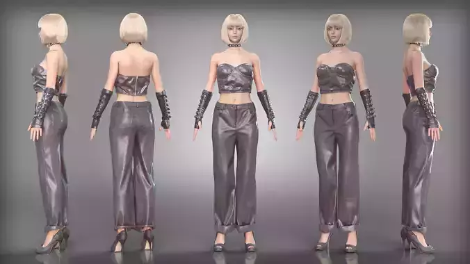 Sleek Leather Outfit Leather Pants Buckled Gloves and High Heels