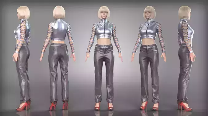 Silver Lace Up Top and Leather Pants Outfit with Red High Heels