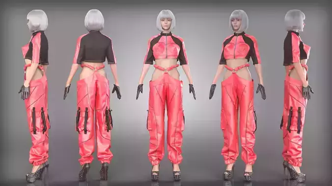 Futuristic red and Black Outfit with High Heels and Open Gloves